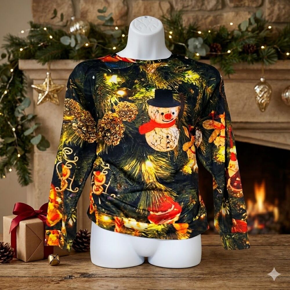 Ladies Christmas Print Loose Long Sleeve Round Neck Sweatshirt SZ 3X Fits XL